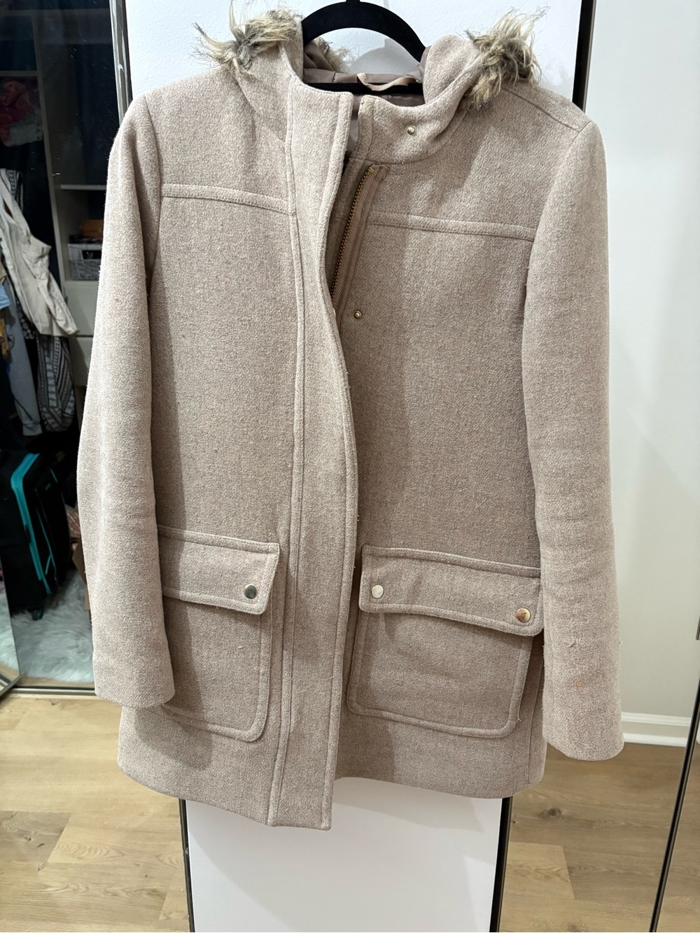 J. Crew Taupe Hooded Pea Coat with Faux-Fur Trim